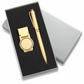 Matte Gold Money Clip with Matching Ball Point Pen in 2-Piece Gift Box